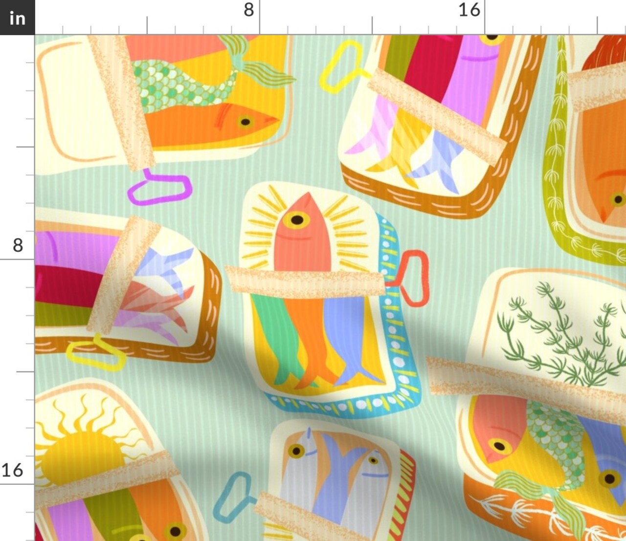Whimsical Mermaid Tail Fish Tinned Novelty Colorful Quirky Mermaids Under The Sea Ocean Sardines Pink Green Red Orange Sun Yellow Sunshine Custom Printed Fabric by Spoonflower Various Fabrics by the Yard or Fat Quarter
